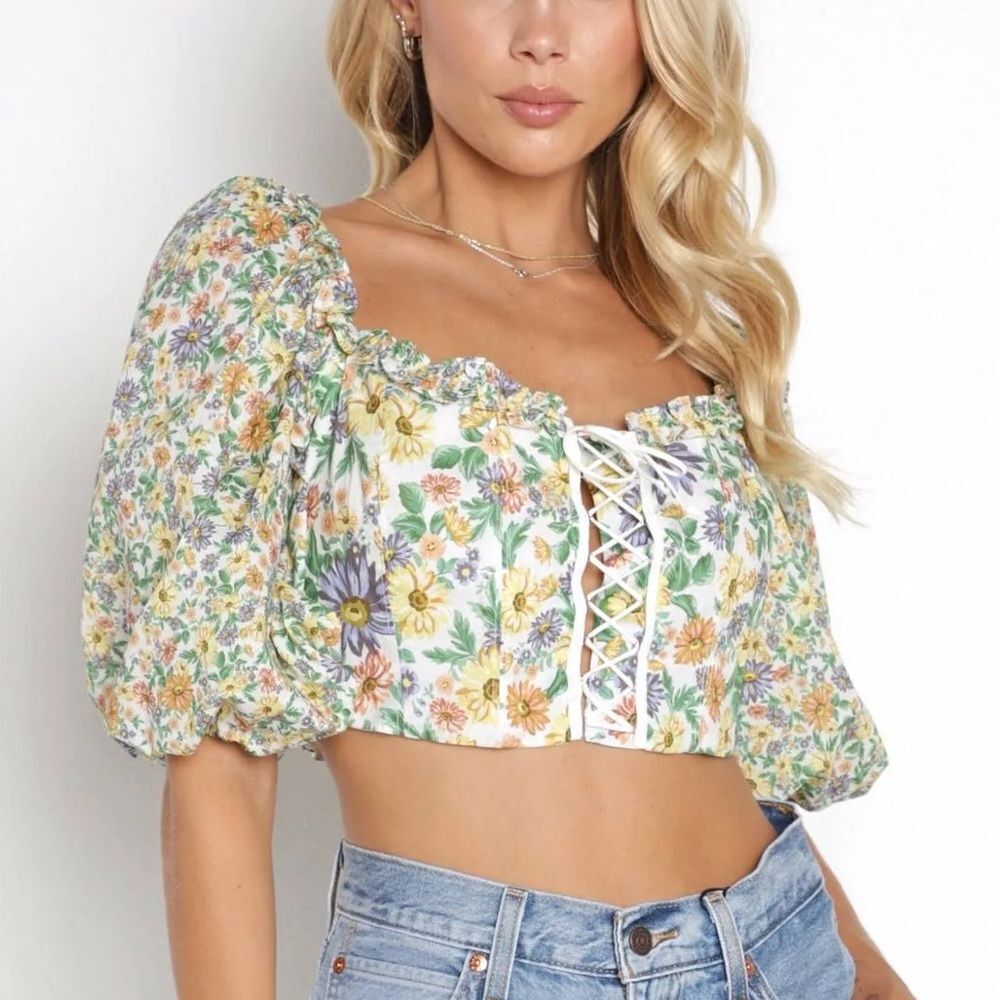 For Love & Lemons Riley Top In Green Floral Size XS